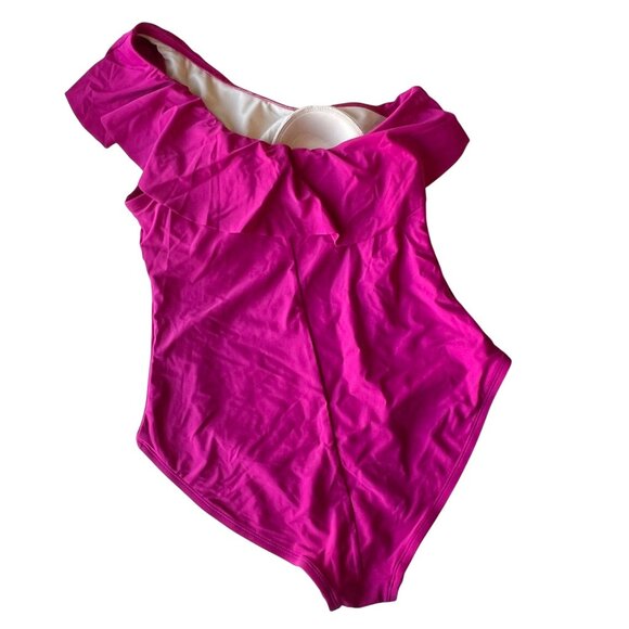 Pink One-Shoulder Swimsuit With Ruffle Detail Padded Lining Size L (12-14) - Picture 2 of 7
